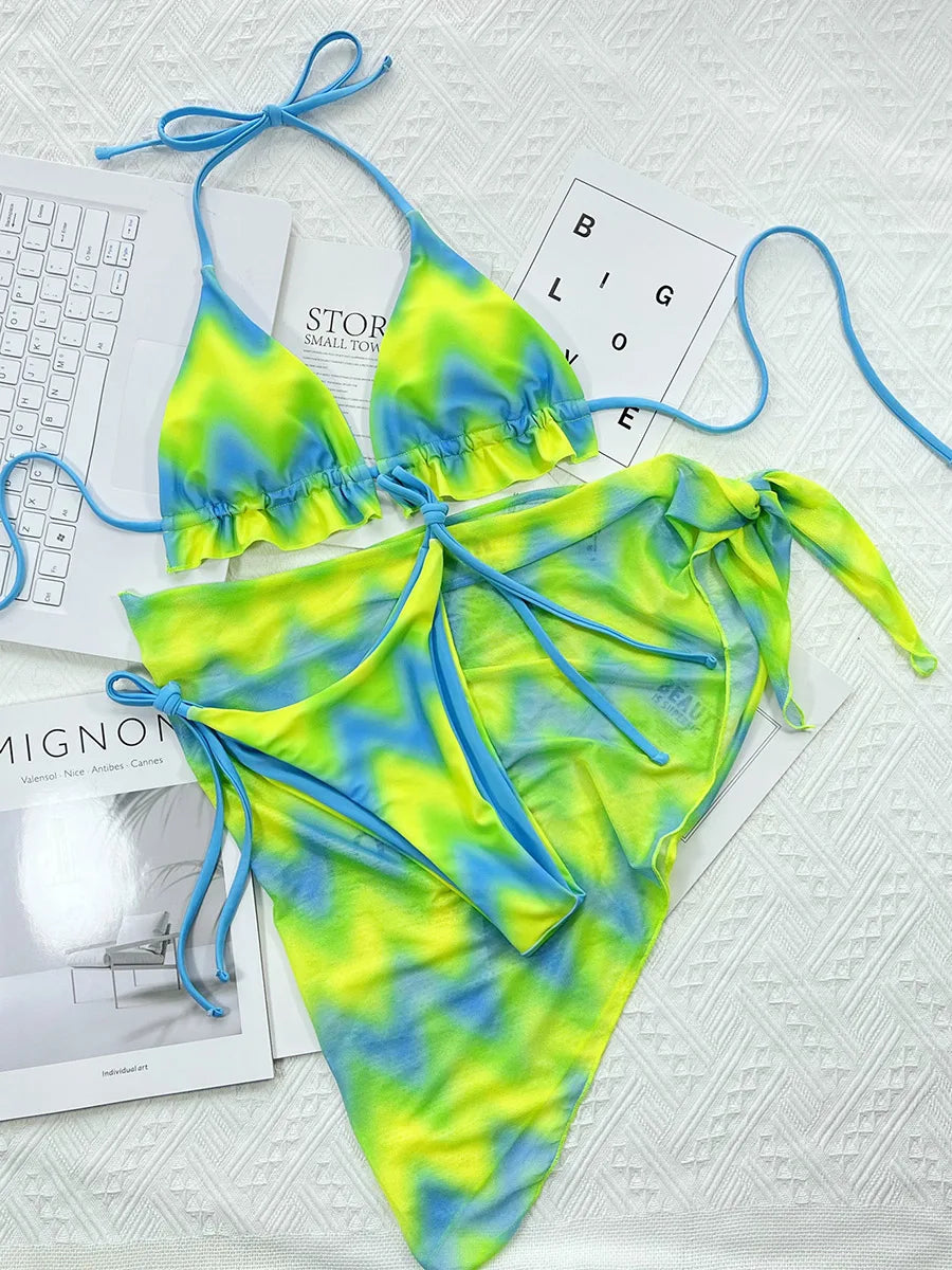 Tie Dye Halter Ruffled Bikini Set