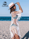 White Crochet Bikini Cover Up with Fringe Trim